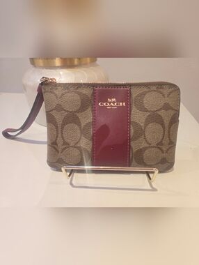 COACH Signature Canvas Zip Pouch with Burgundy Stripe